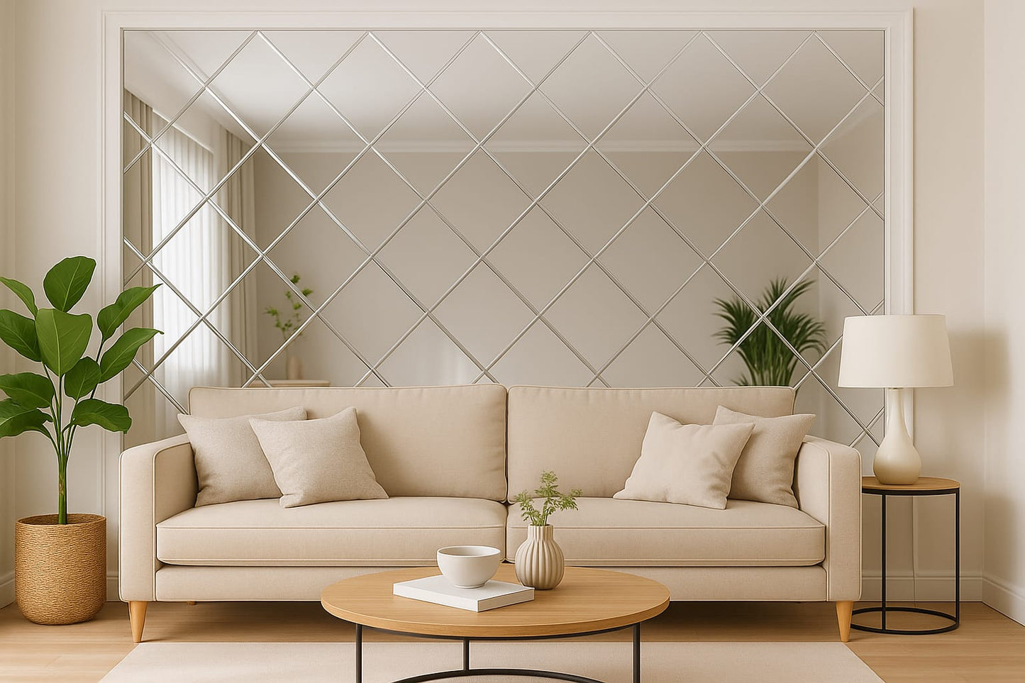 Square shape designer self-adhesive mirror tiles with bevel for the wall