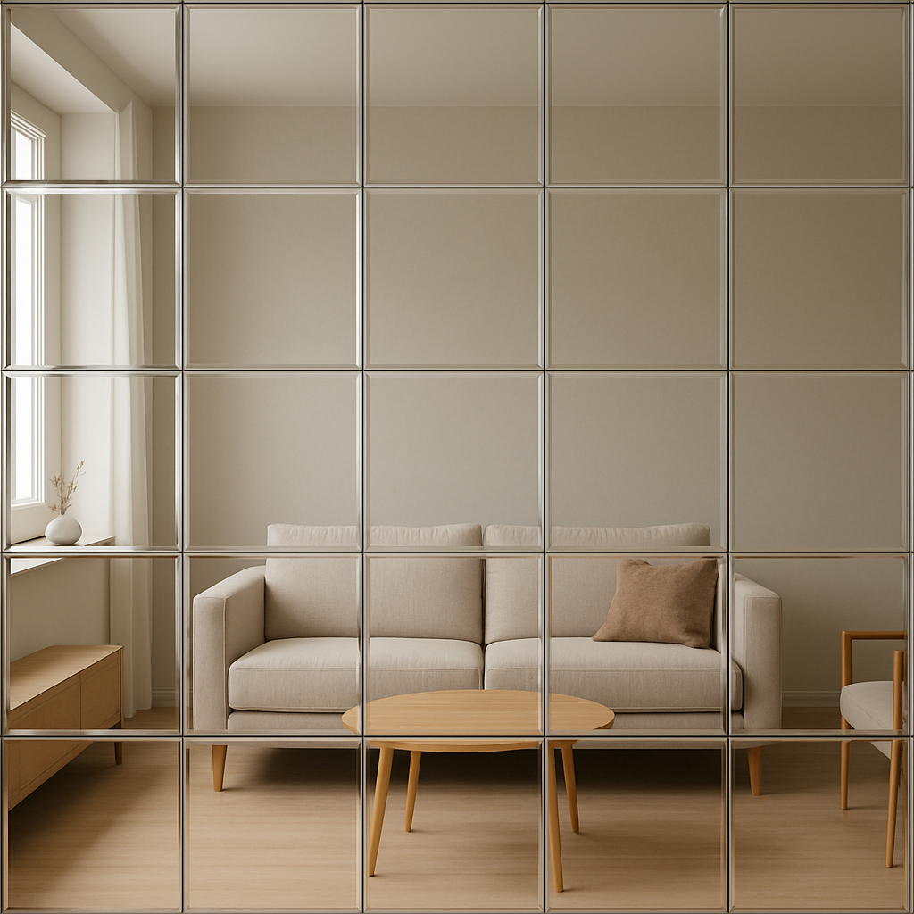 Square shape designer self-adhesive mirror tiles with bevel for the wall