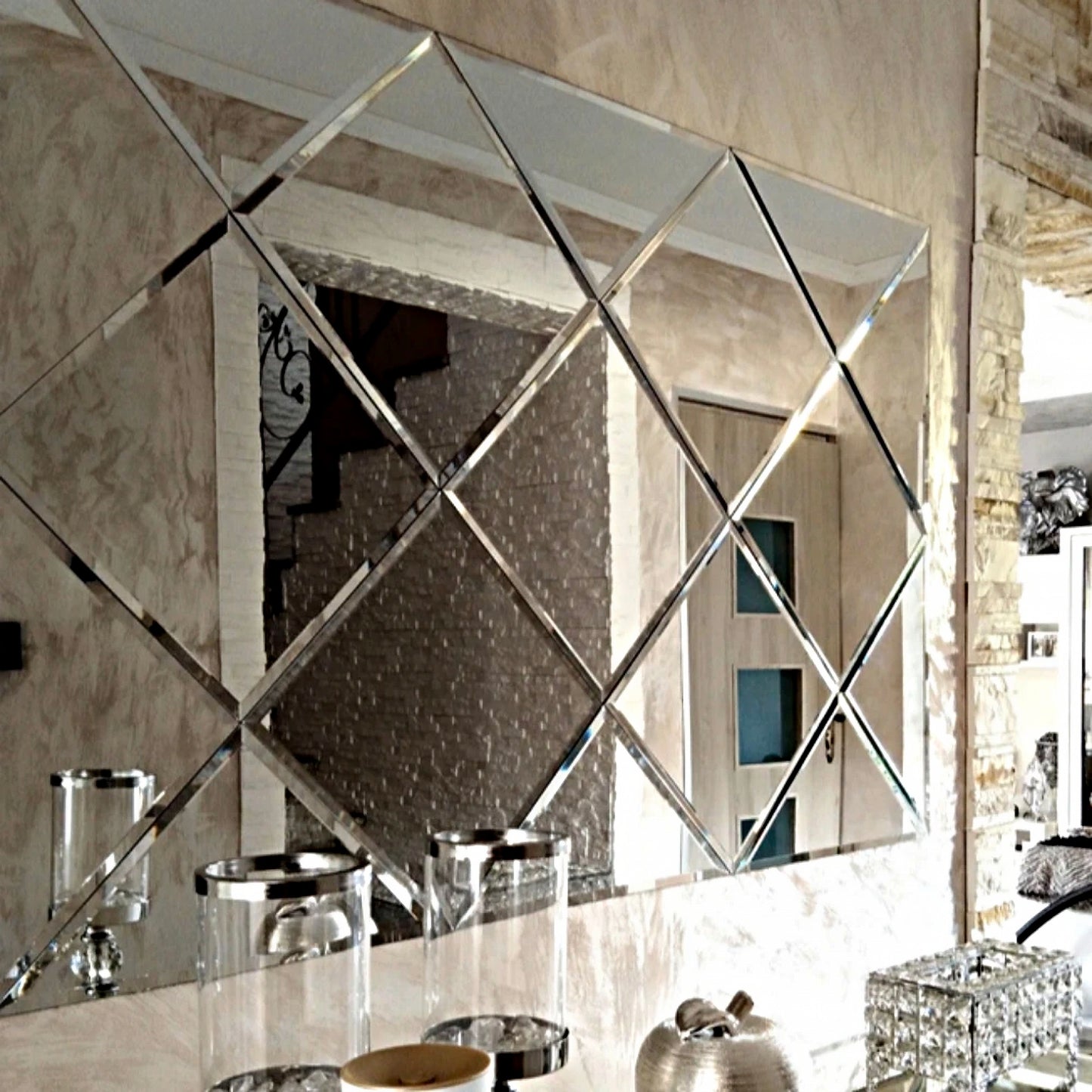 Square shape designer self-adhesive mirror tiles with bevel for the wall