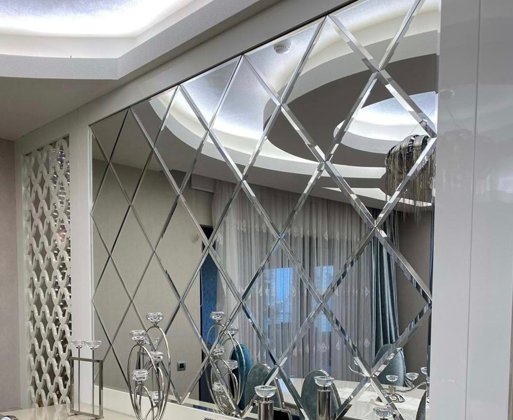 Square shape designer self-adhesive mirror tiles with bevel for the wall